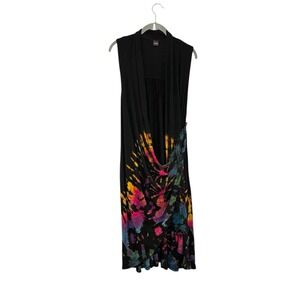 Zeyma Collection Tie Dye Art to Wear Draped Duster Cardigan Black Rainbow OS